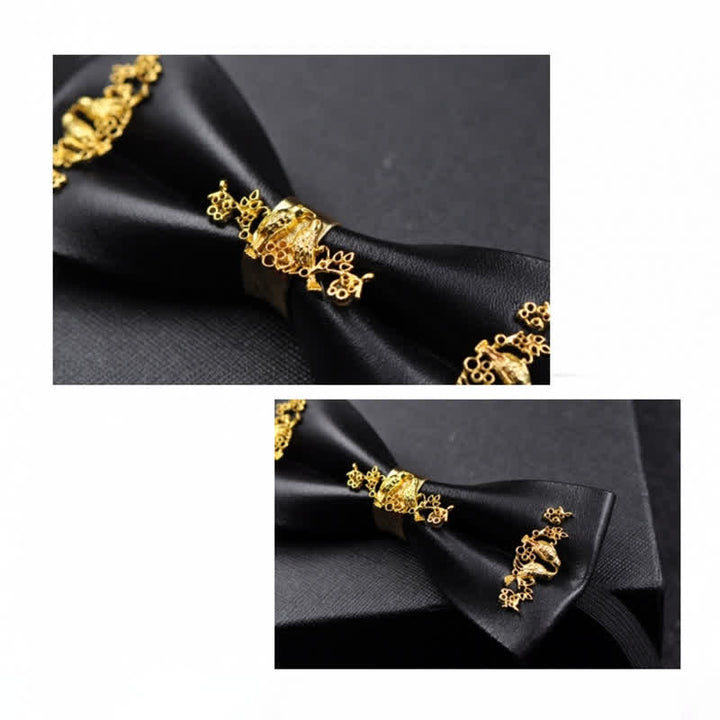 Men's Gold Metal Flower Accent Black PU Leather Bow Tie - image 11