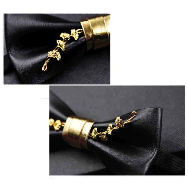 Men's Gold Metal Flower Accent Black PU Leather Bow Tie - image 7