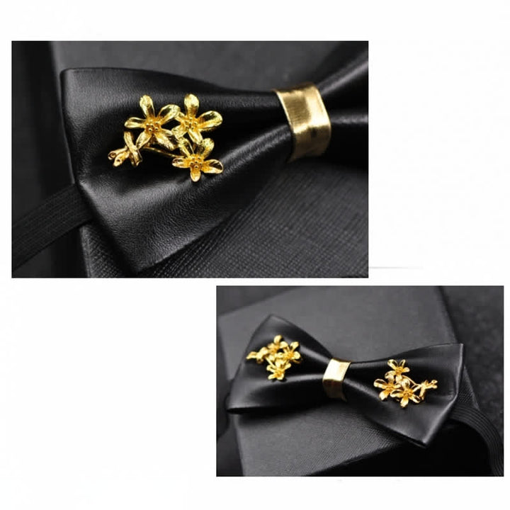 Men's Gold Metal Flower Accent Black PU Leather Bow Tie - image 15