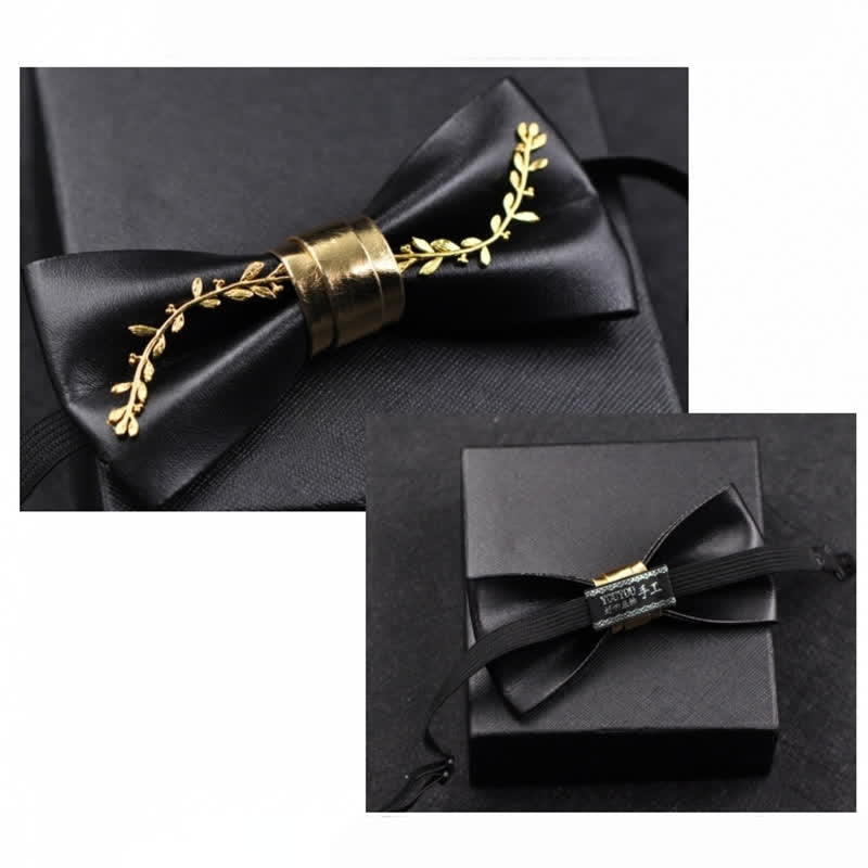 Men's Gold Metal Flower Accent Black PU Leather Bow Tie - image 3