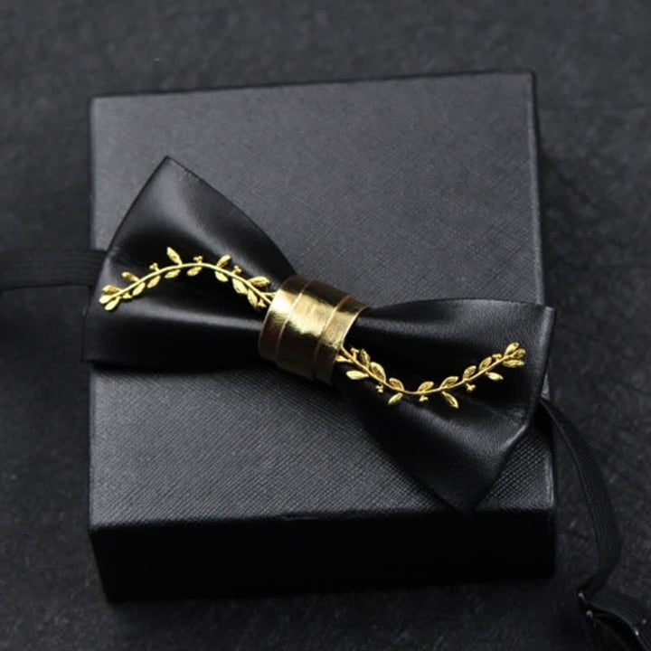 Men's Gold Metal Flower Accent Black PU Leather Bow Tie - image 2