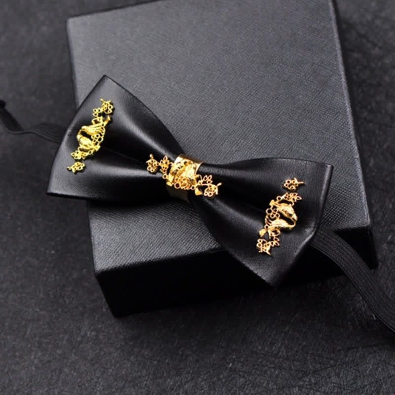 Men's Gold Metal Flower Accent Black PU Leather Bow Tie - image 10