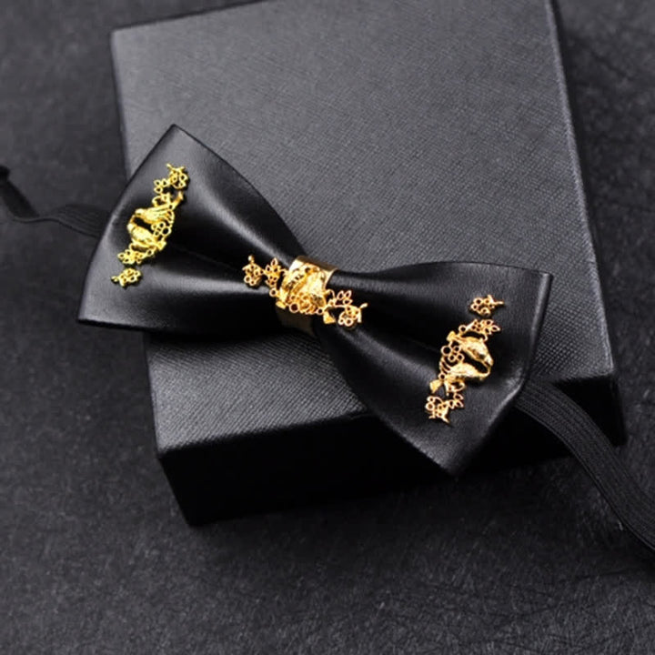 Men's Gold Metal Flower Accent Black PU Leather Bow Tie - image 10