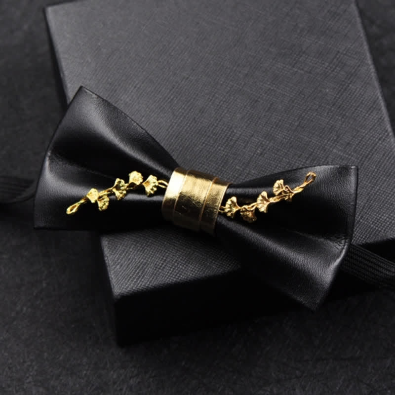 Men's Gold Metal Flower Accent Black PU Leather Bow Tie - image 6