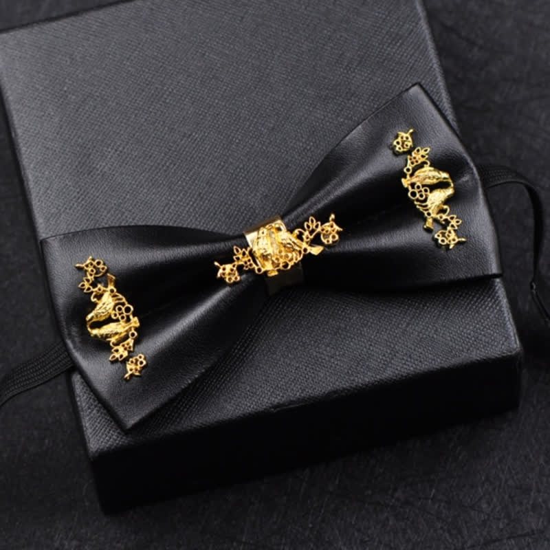 Men's Gold Metal Flower Accent Black PU Leather Bow Tie - image 9