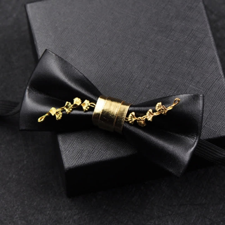 Men's Gold Metal Flower Accent Black PU Leather Bow Tie - image 6