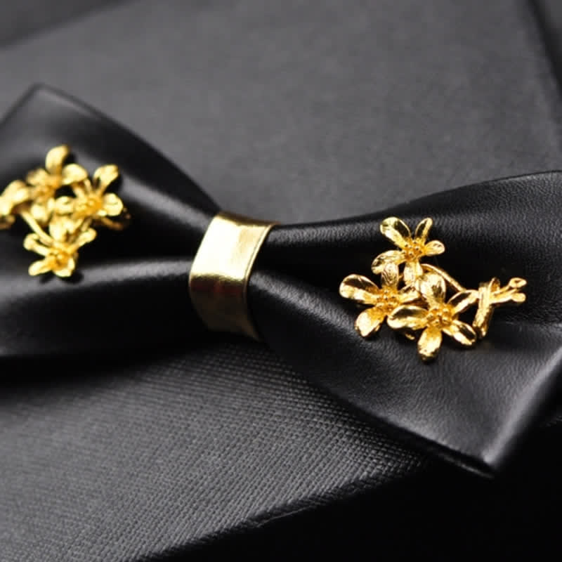 Men's Gold Metal Flower Accent Black PU Leather Bow Tie - image 14