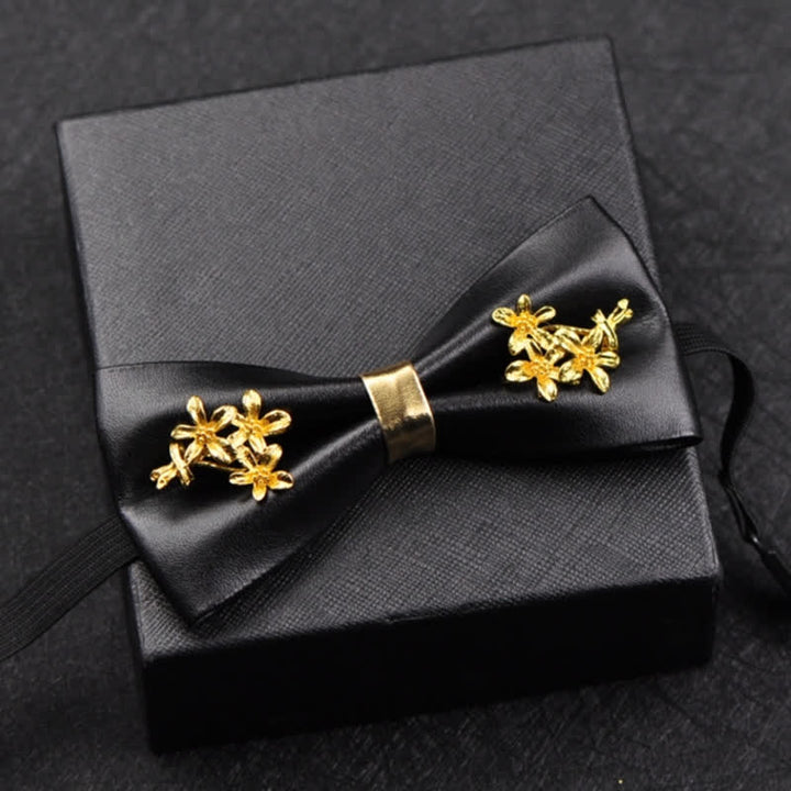 Men's Gold Metal Flower Accent Black PU Leather Bow Tie - image 13