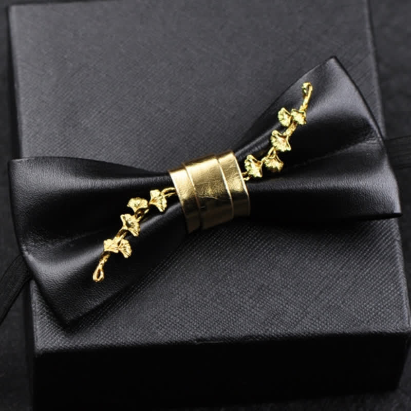 Men's Gold Metal Flower Accent Black PU Leather Bow Tie - image 5