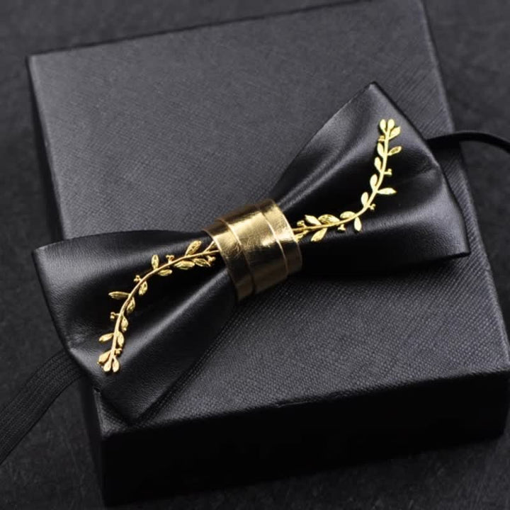 Men's Gold Metal Flower Accent Black PU Leather Bow Tie - image 0