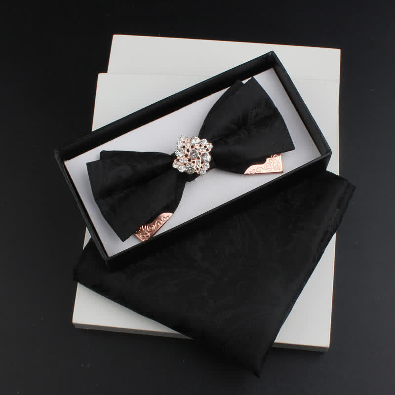 2Pcs Men's Paisley Double Layers Gold Metal Decors Bow Tie Set - Style #2 - Black - Bow Tie + Square Scarf - image 10