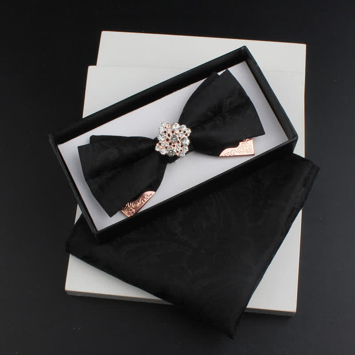 2Pcs Men's Paisley Double Layers Gold Metal Decors Bow Tie Set - Style #2 - Black - Bow Tie + Square Scarf - image 10