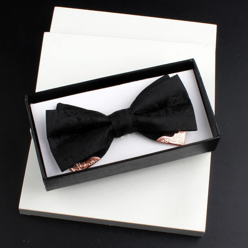2Pcs Men's Paisley Double Layers Gold Metal Decors Bow Tie Set - Style #1 - Black - Bow Tie - image 5