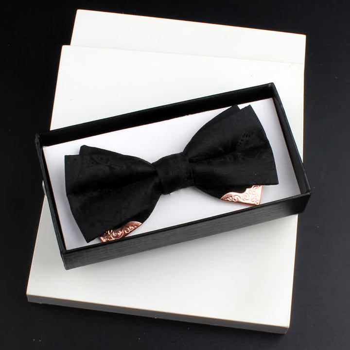 2Pcs Men's Paisley Double Layers Gold Metal Decors Bow Tie Set - Style #1 - Black - Bow Tie - image 5