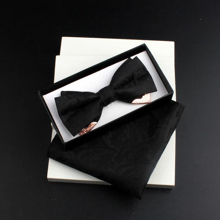2Pcs Men's Paisley Double Layers Gold Metal Decors Bow Tie Set - Style #1 - Black - Bow Tie + Square Scarf - image 4
