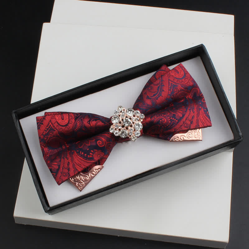 2Pcs Men's Paisley Double Layers Gold Metal Decors Bow Tie Set - Style #2 - Burgundy - Bow Tie - image 7