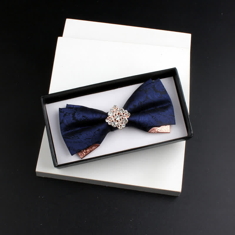 2Pcs Men's Paisley Double Layers Gold Metal Decors Bow Tie Set - Style #2 - Navy - Bow Tie - image 9
