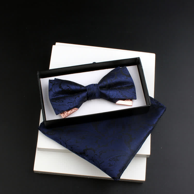 2Pcs Men's Paisley Double Layers Gold Metal Decors Bow Tie Set - Style #1 - Navy - Bow Tie + Square Scarf - image 2