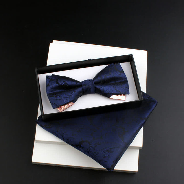 2Pcs Men's Paisley Double Layers Gold Metal Decors Bow Tie Set - Style #1 - Navy - Bow Tie + Square Scarf - image 2