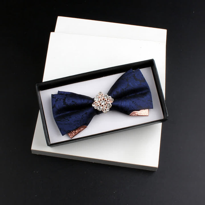 2Pcs Men's Paisley Double Layers Gold Metal Decors Bow Tie Set - Style #2 - Navy - Bow Tie - image 9