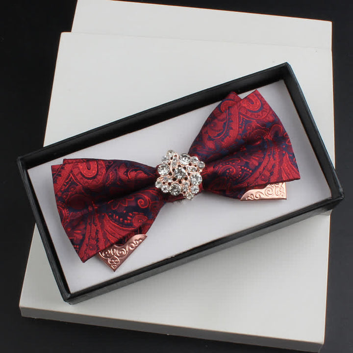 2Pcs Men's Paisley Double Layers Gold Metal Decors Bow Tie Set - Style #2 - Burgundy - Bow Tie - image 7