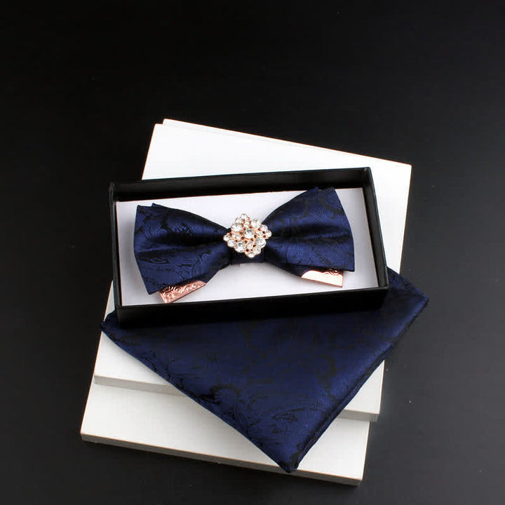 2Pcs Men's Paisley Double Layers Gold Metal Decors Bow Tie Set - Style #2 - Navy - Bow Tie + Square Scarf - image 8