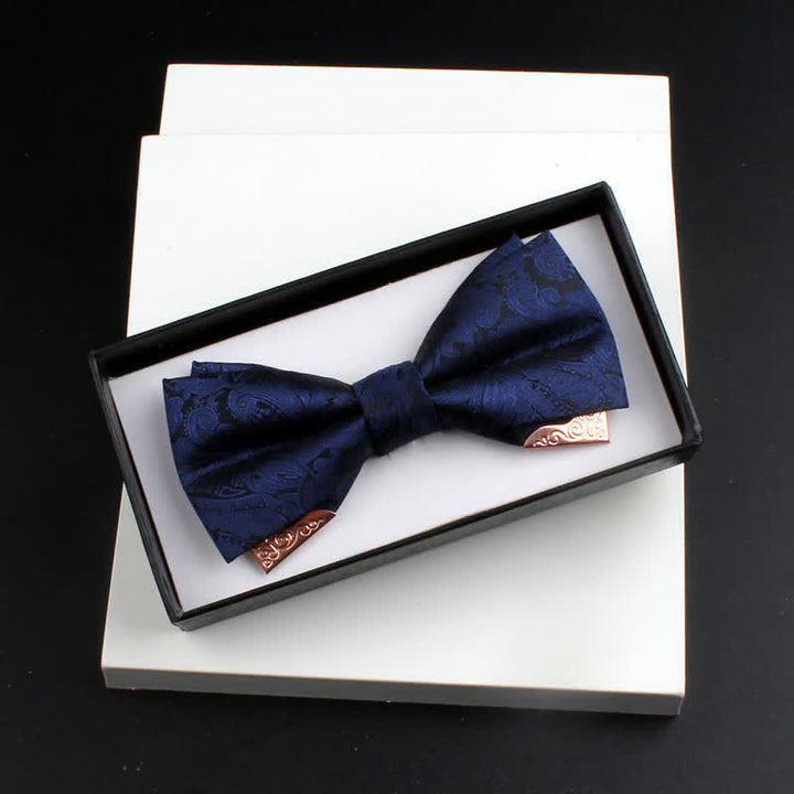 2Pcs Men's Paisley Double Layers Gold Metal Decors Bow Tie Set - Style #1 - Navy - Bow Tie - image 3