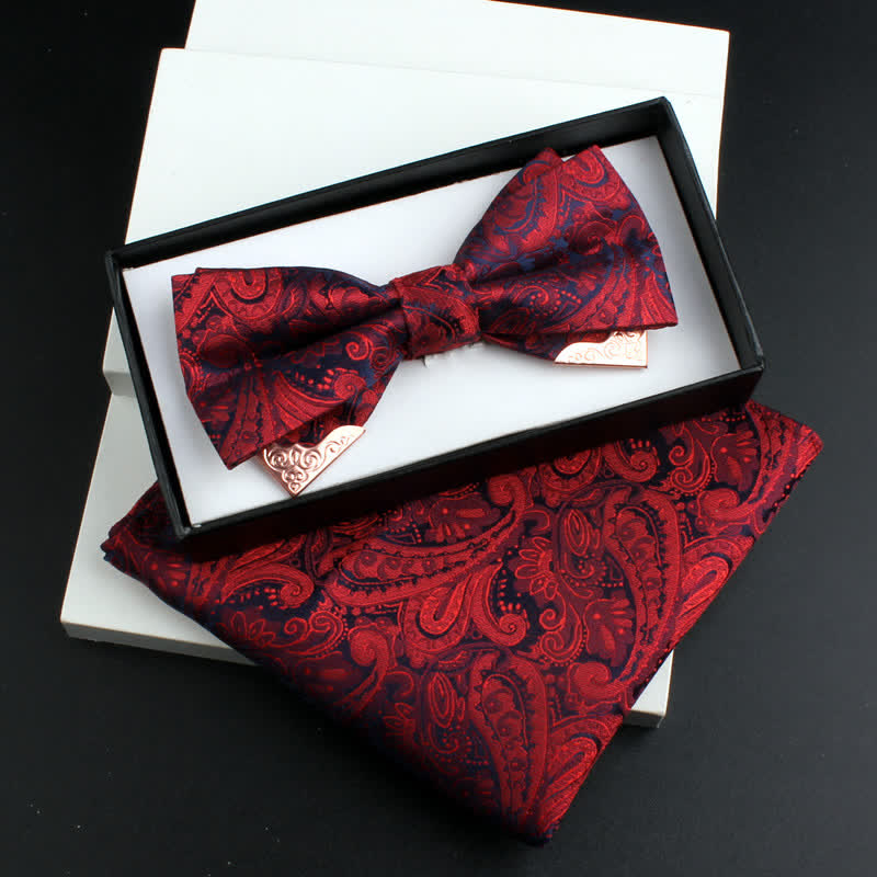 2Pcs Men's Paisley Double Layers Gold Metal Decors Bow Tie Set - Style #1 - Burgundy - Bow Tie + Square Scarf - image 0