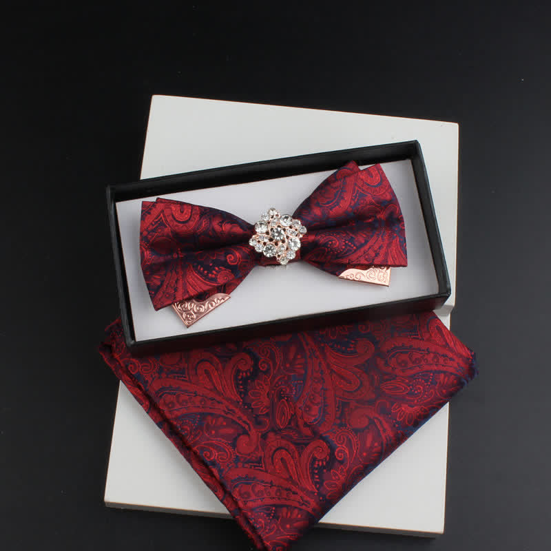 2Pcs Men's Paisley Double Layers Gold Metal Decors Bow Tie Set - Style #2 - Burgundy - Bow Tie + Square Scarf - image 6