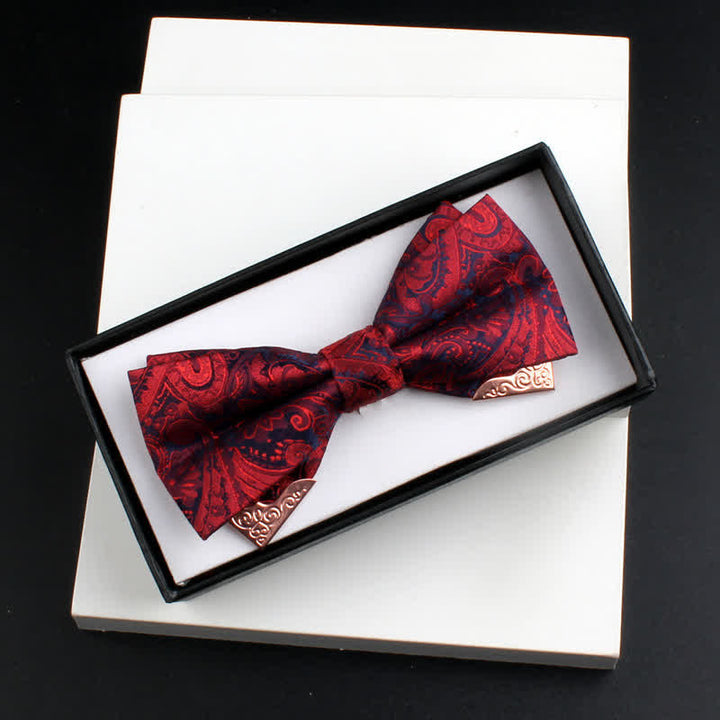 2Pcs Men's Paisley Double Layers Gold Metal Decors Bow Tie Set - Style #1 - Burgundy - Bow Tie - image 1