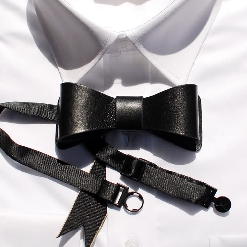 Men's Hand-Stitched Black Plant Tanned Leather Bow Tie - Style #2 - image 2