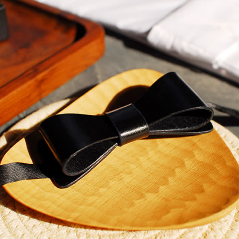Men's Hand-Stitched Black Plant Tanned Leather Bow Tie - image 4