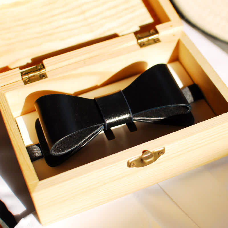 Men's Hand-Stitched Black Plant Tanned Leather Bow Tie - image 5