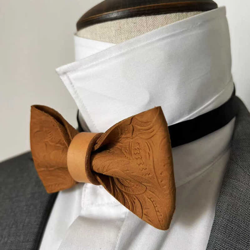 Men's Embossing Flower Plant Tanned Leather Bow Tie - image 1