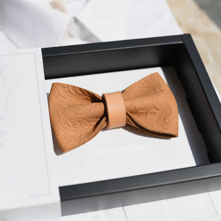 Men's Embossing Flower Plant Tanned Leather Bow Tie - image 2