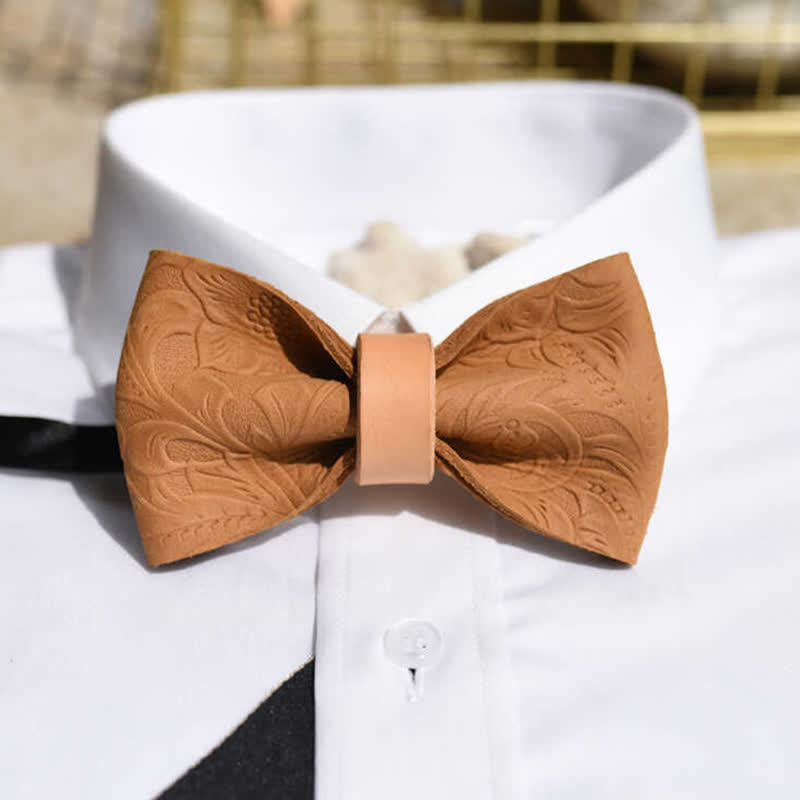 Men's Embossing Flower Plant Tanned Leather Bow Tie - Light Brown - image 0