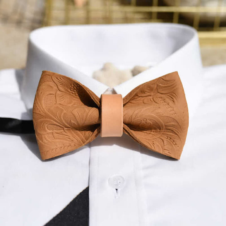 Men's Embossing Flower Plant Tanned Leather Bow Tie - Light Brown - image 0