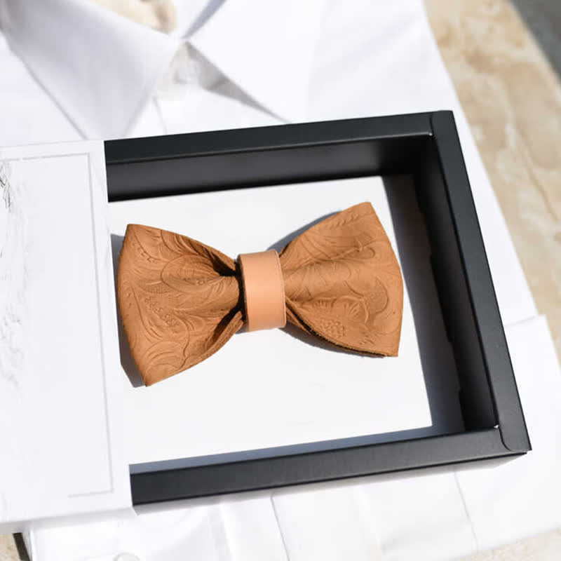 Men's Embossing Flower Plant Tanned Leather Bow Tie - image 4