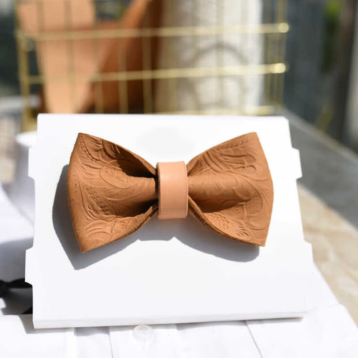 Men's Embossing Flower Plant Tanned Leather Bow Tie - image 3