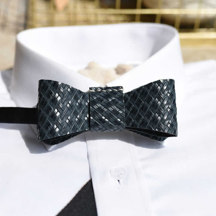 Men's Black Weave Pattern Genuine Leather Bow Tie - Black - image 0