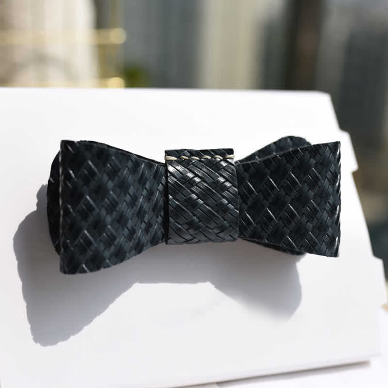 Men's Black Weave Pattern Genuine Leather Bow Tie - image 2