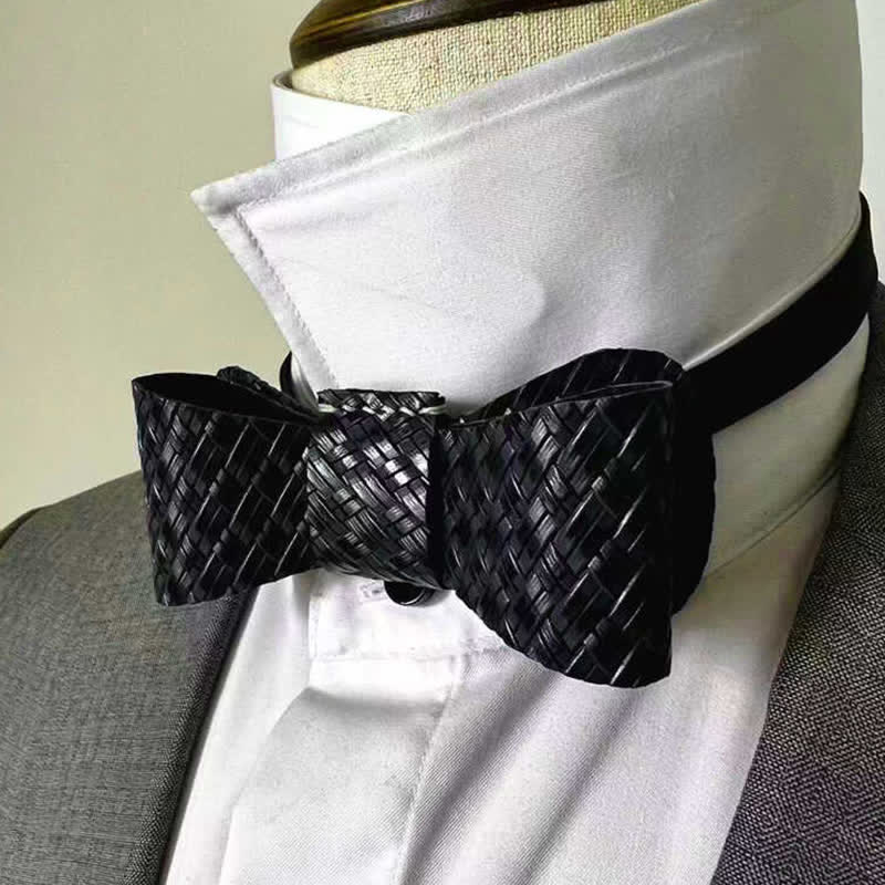 Men's Black Weave Pattern Genuine Leather Bow Tie - image 1