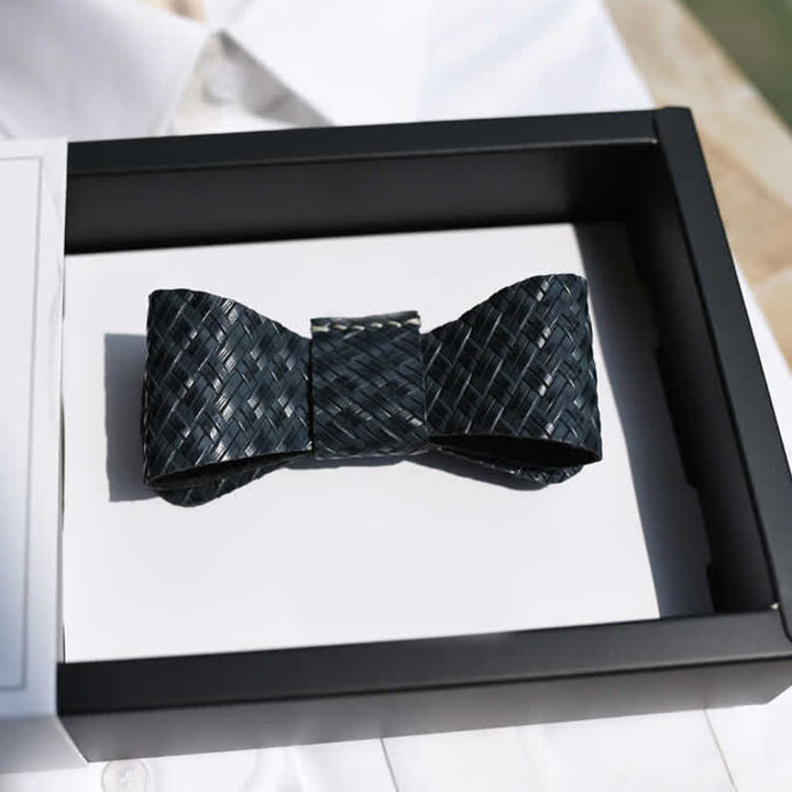 Men's Black Weave Pattern Genuine Leather Bow Tie - image 3