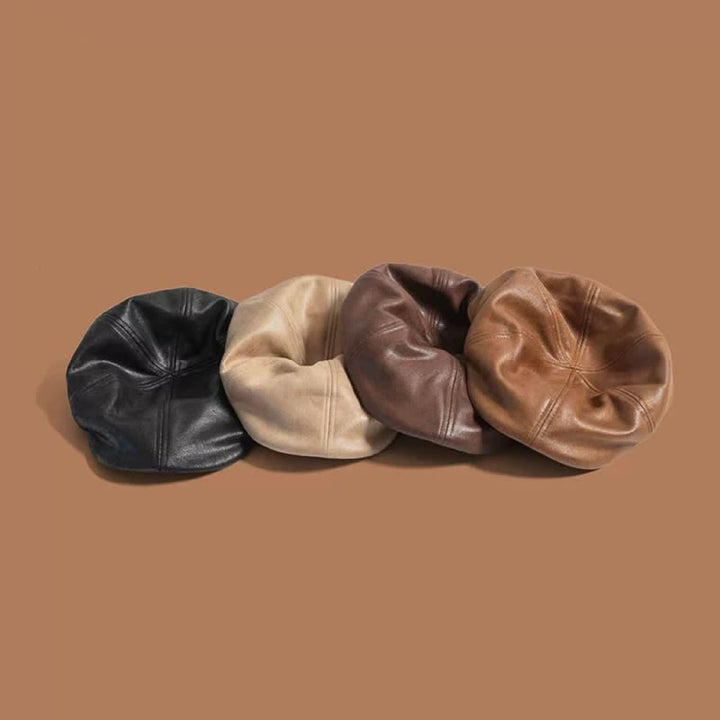 Octagonal Flat Head Retro Style Leather Beret Hat - image 1