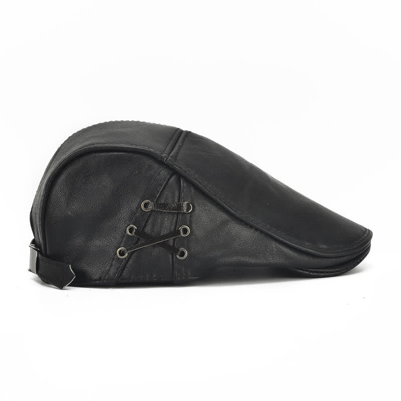 Side Lace-Up Cowhide Leather Beret Hat - image 5