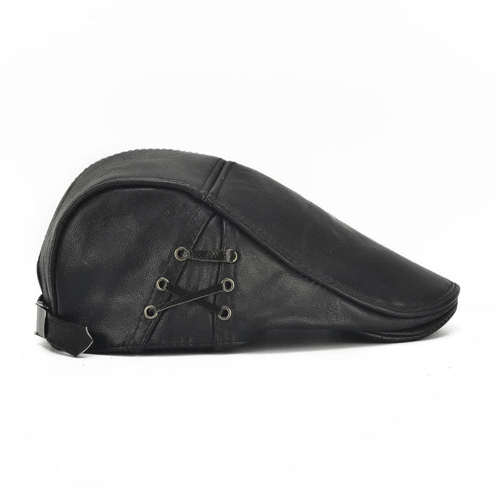 Side Lace-Up Cowhide Leather Beret Hat - image 5