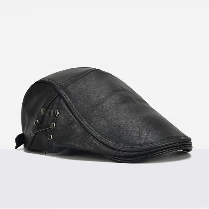 Side Lace-Up Cowhide Leather Beret Hat - image 3