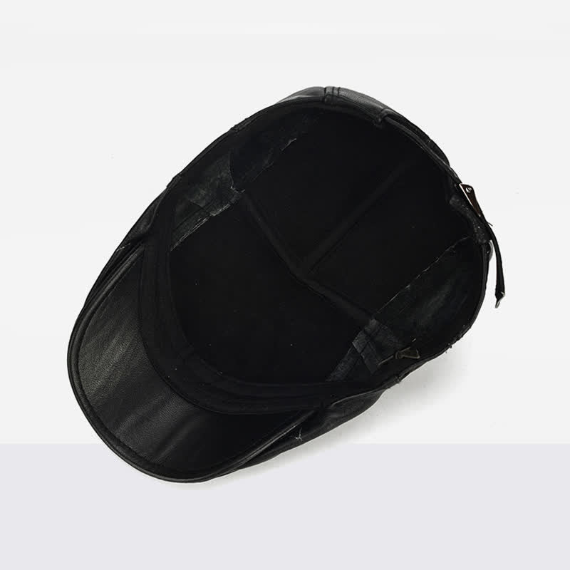 Side Lace-Up Cowhide Leather Beret Hat - image 4