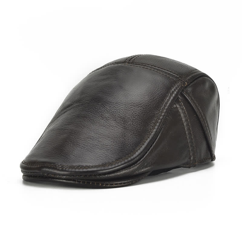 Side Lace-Up Cowhide Leather Beret Hat - Dark Coffee - Adjustable (21 5/8"-23 5/8") - image 0