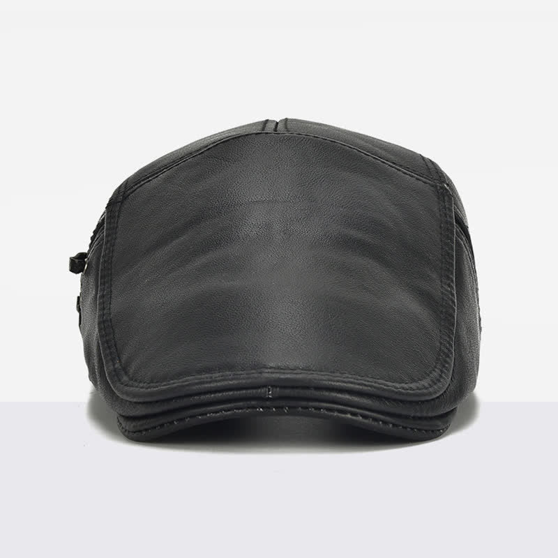 Side Lace-Up Cowhide Leather Beret Hat - image 1